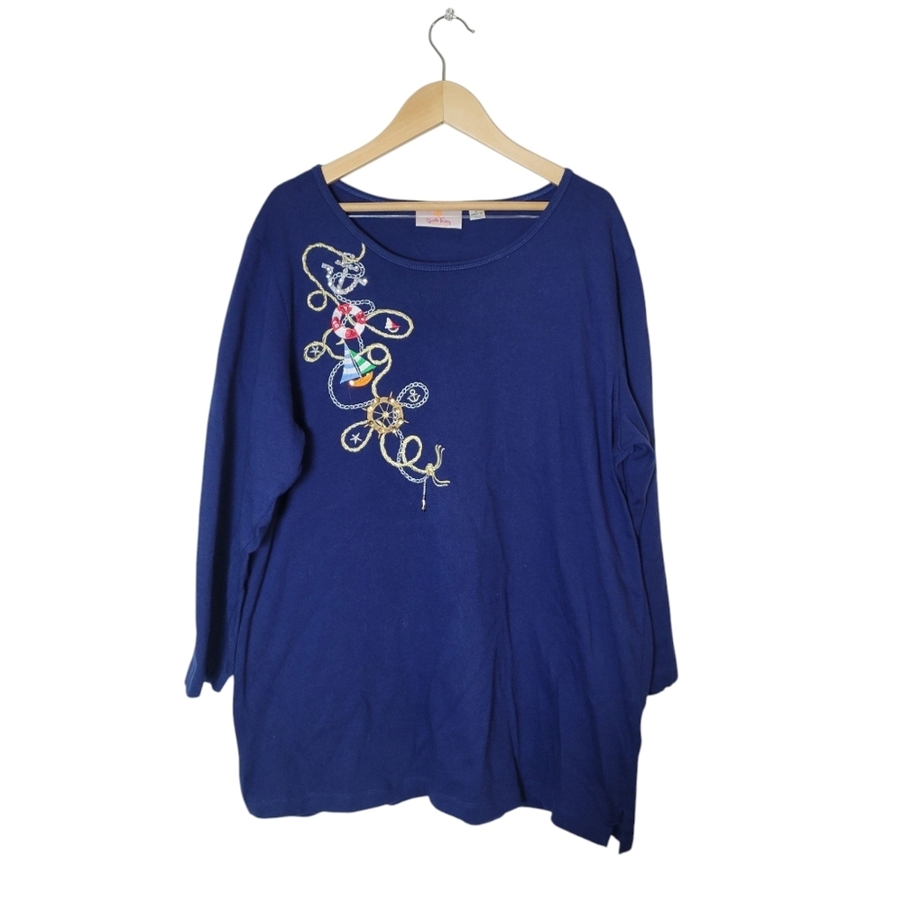Quacker Factory Top Sz‎ L Blue Fun Dangle Nautical Embroidered Sailboats Beach